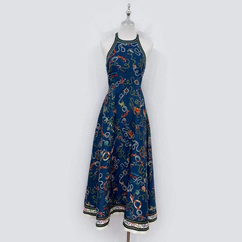 Alemais Navy Halter Maxi Dress with Multicolor Rope Print